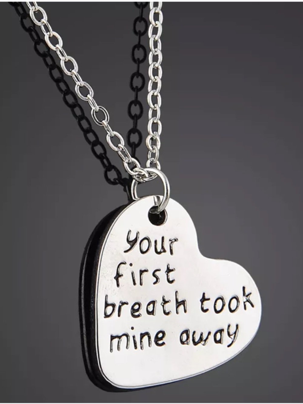 NWT Silvertone heart necklace pendant Your First Breath Took Mine Away
